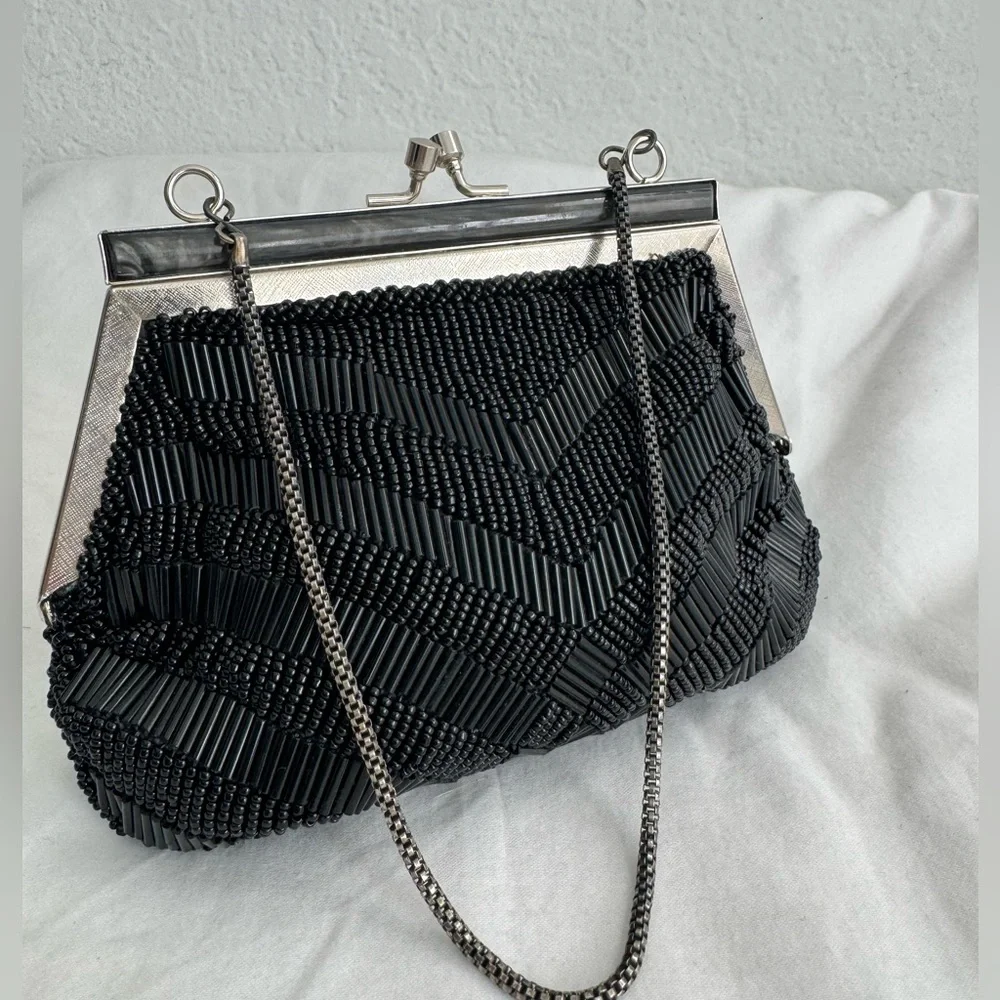 Vintage Fancy Mini Purse Beaded Clutch Black Silver 60's 70's